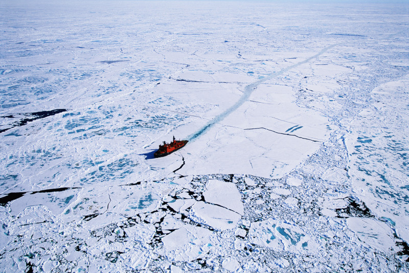 Russian nuclear icebreaker clearing path to North Pole, aerial view